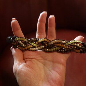 $195 Chan Luu "woven" bracelet multi-stone tiger's eye brown leather sterling